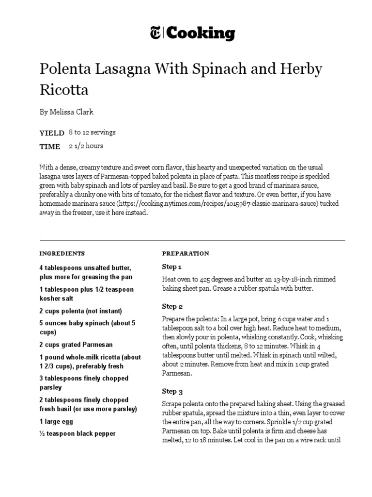 Polenta Lasagna With Spinach and Herby Ricotta Recipe NYT Cooking