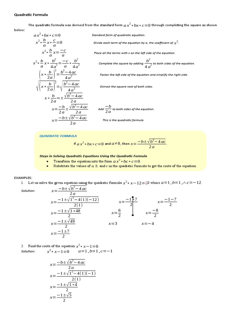 Quadratic Formula and Discriminant NOtes PDF Quadratic Equation Equations