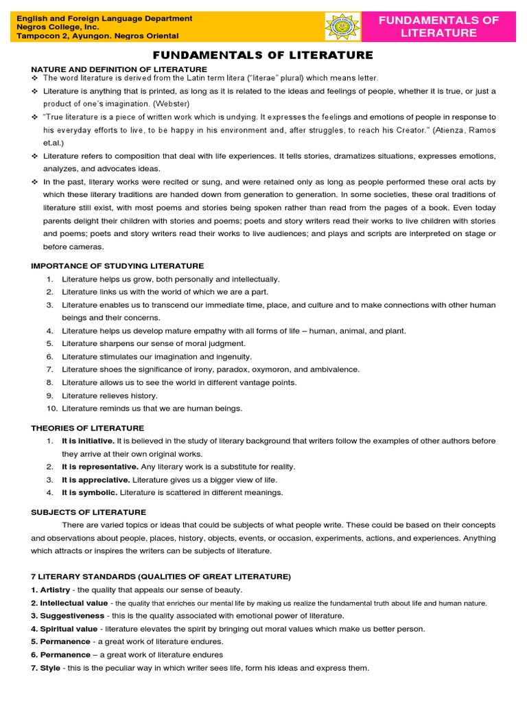 Concept Notes - Fundamentals of Literature - Philippine Lit - 7pages ...