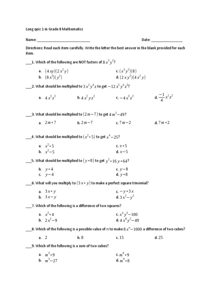 Grade 8 Mathematics Long Quiz 1 | PDF | Teaching Methods & Materials