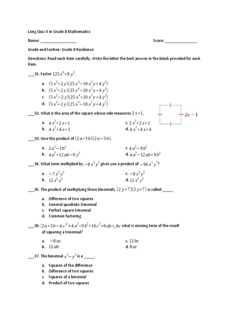 Grade 8 Mathematics Long Quiz 4 | PDF | Exponentiation | Mathematical ...