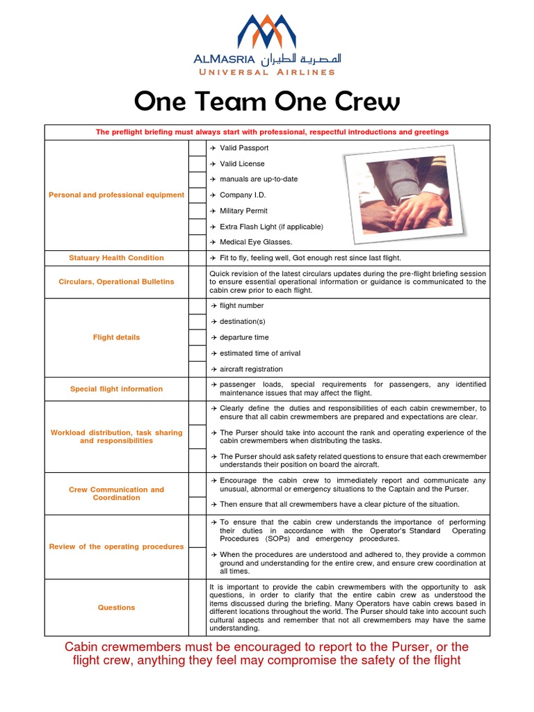 Preflight Briefing Checklist PDF Flight Attendant Aviation