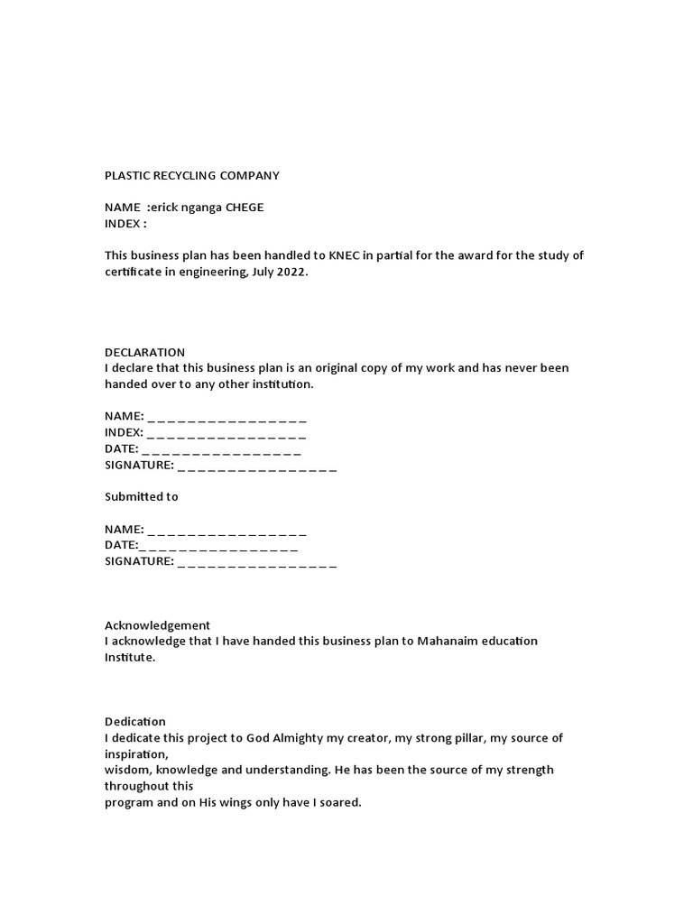 Plastic Recycling Business Plan PDF Plastic Recycling