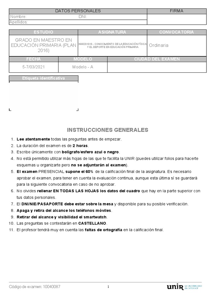 Marzo 2021 modelo a educacion fisica unir pdf prueba evaluaci n 