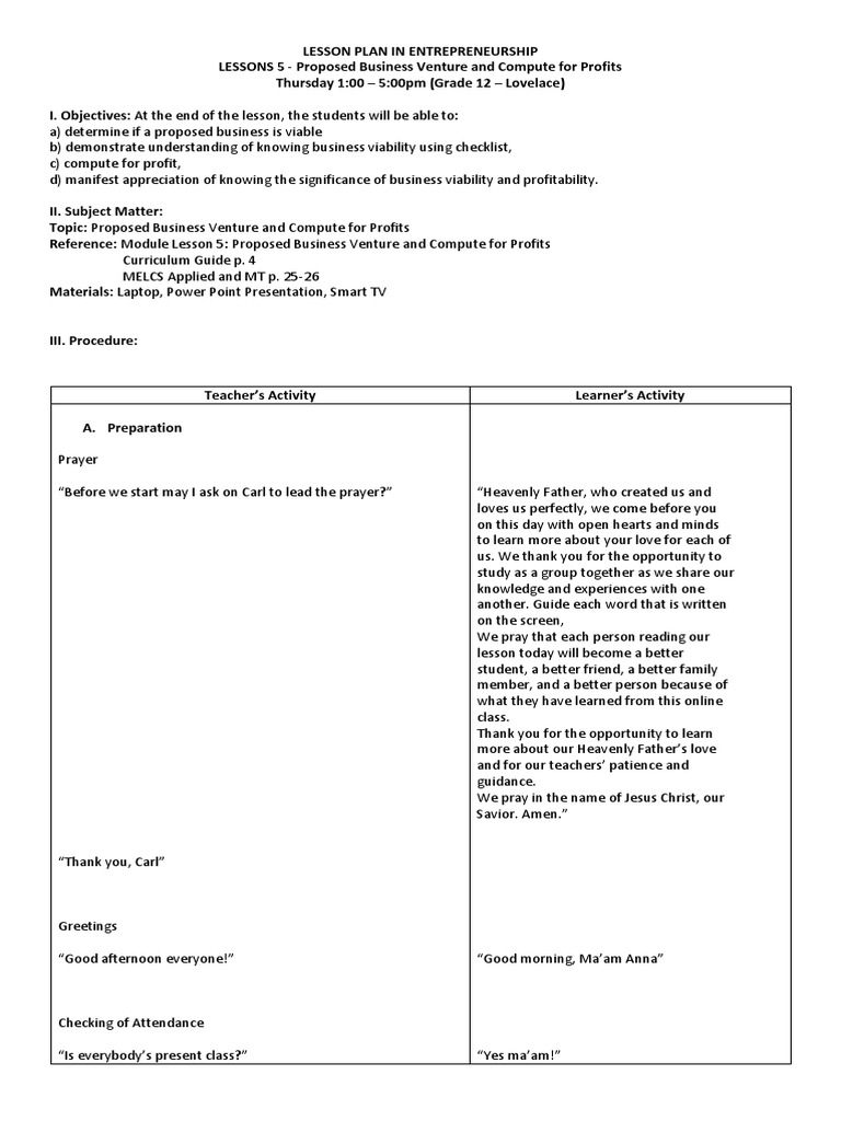Lesson Plan In Entrepreneurship Lesson 5 Pdf Investing Debt