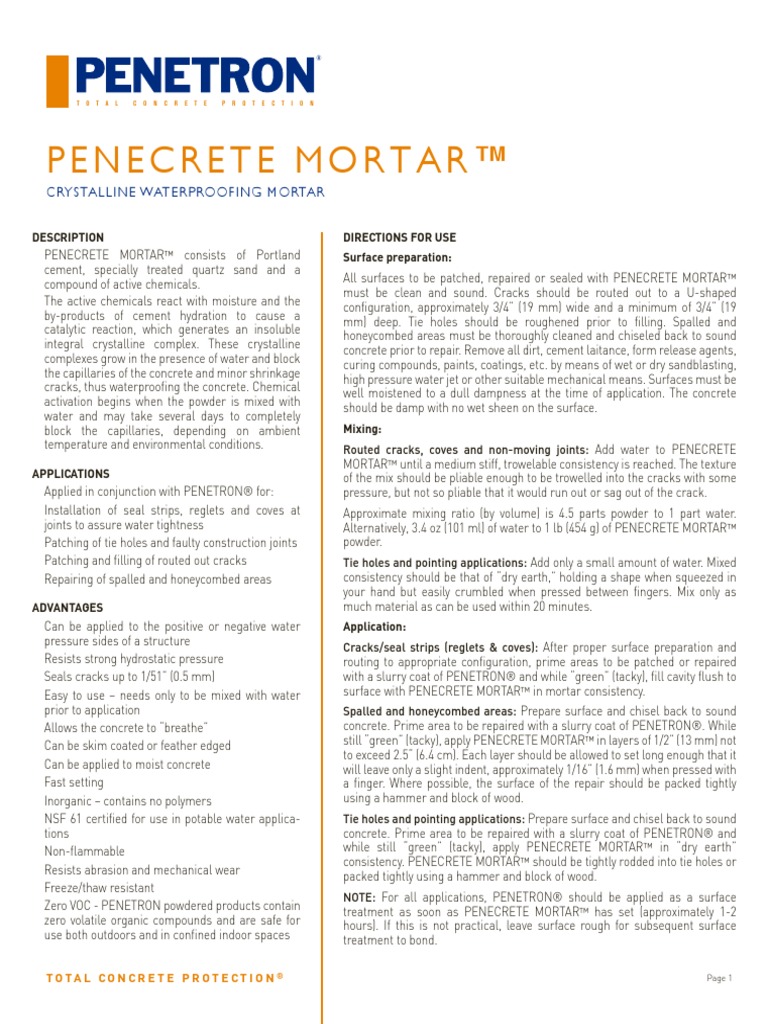 Penecrete Mortar Data Sheet PDF Concrete Water