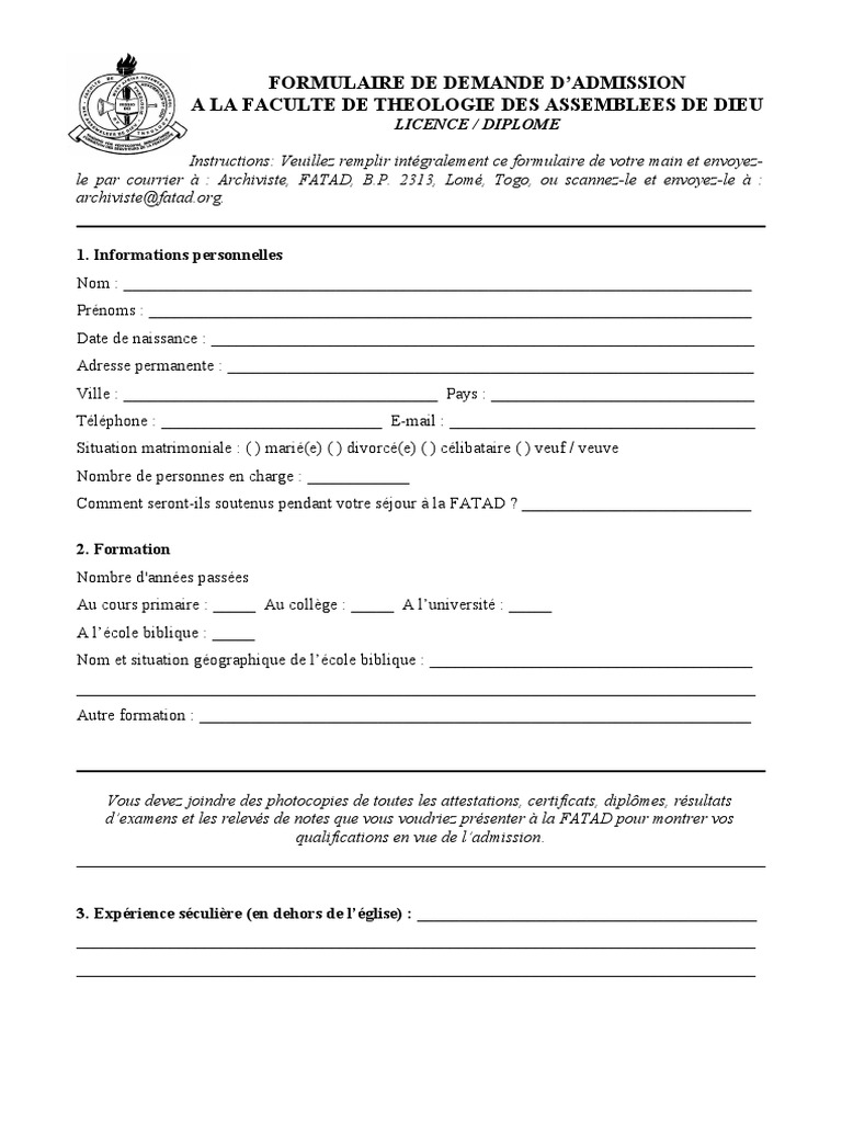 Demande d'admission à la FATAD | PDF