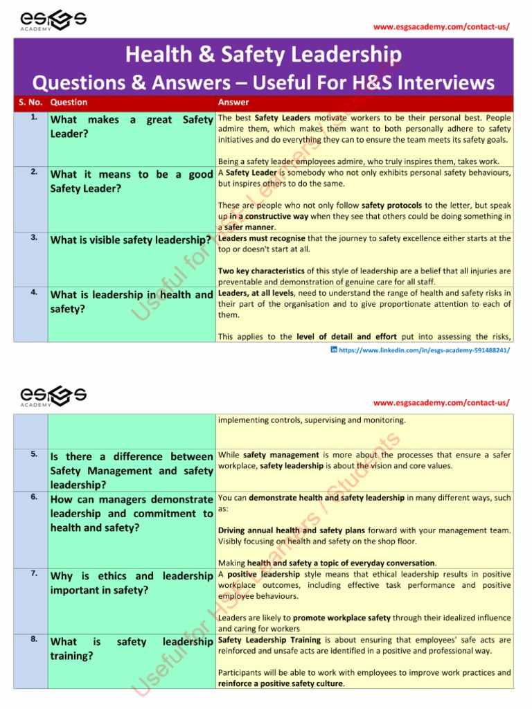 Health & Safety Leadership Questions & Answers PDF