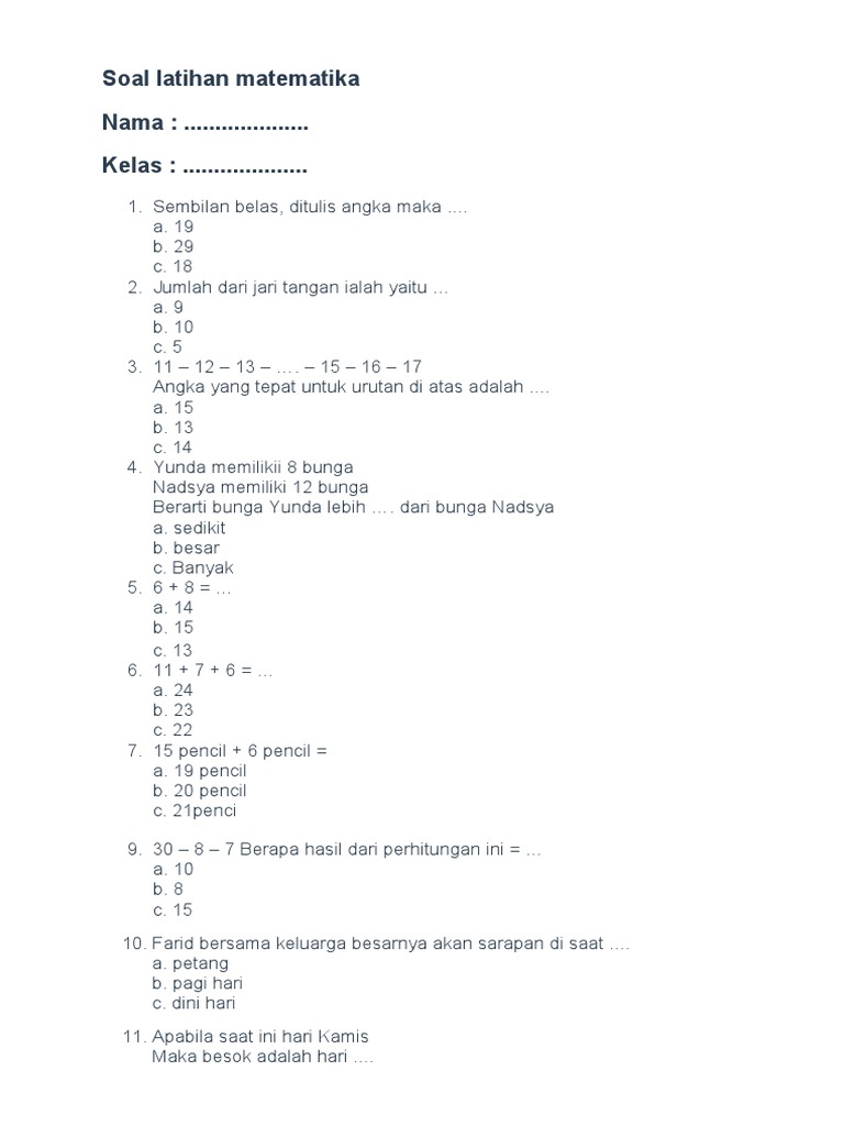 Soal Latihan Matematika Kelas 1 | PDF