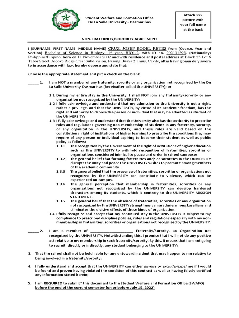 Non-Fraternity Agreement DLSU | PDF | Fraternities And Sororities ...