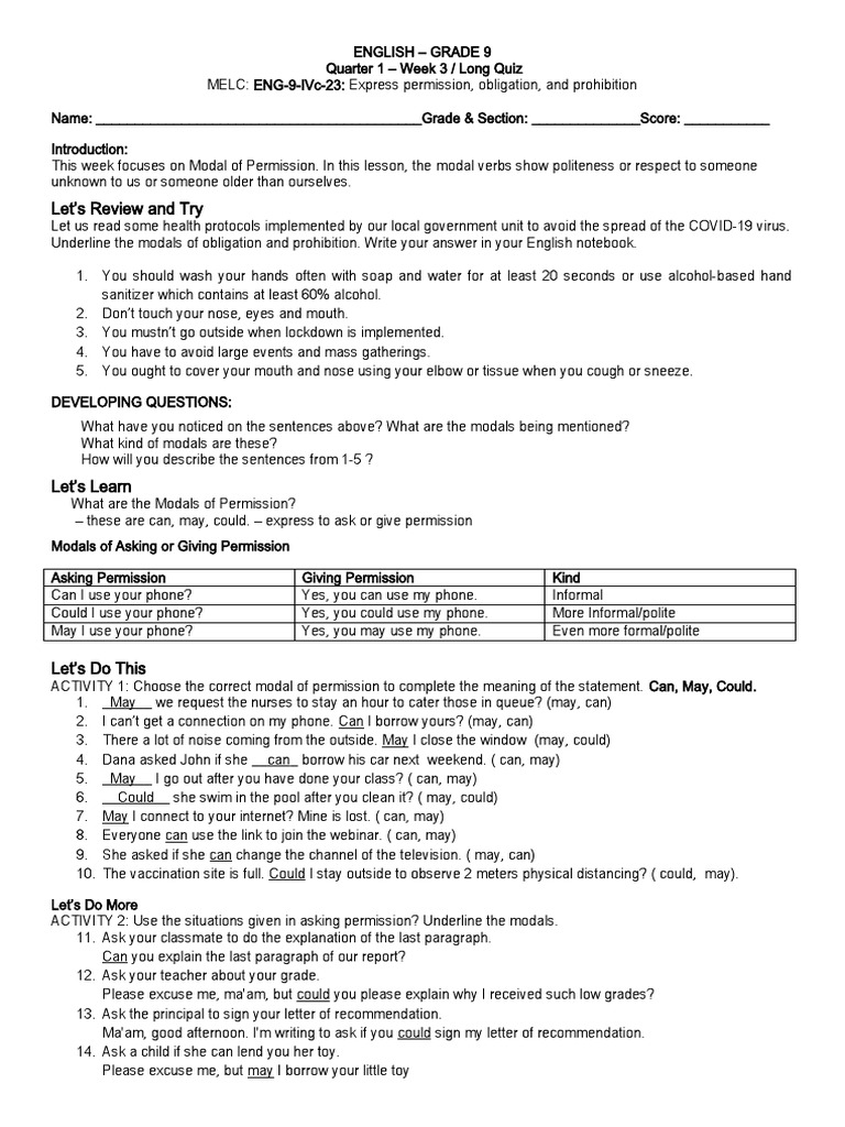 Grade 9 Modules Q1 WEEK3 MODALS Adjusted | PDF