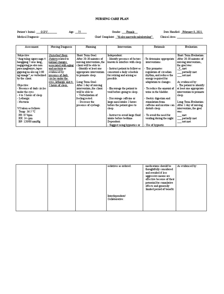 Healthcare - Nursing Care Plan - Disturbed Sleep Pattern | PDF