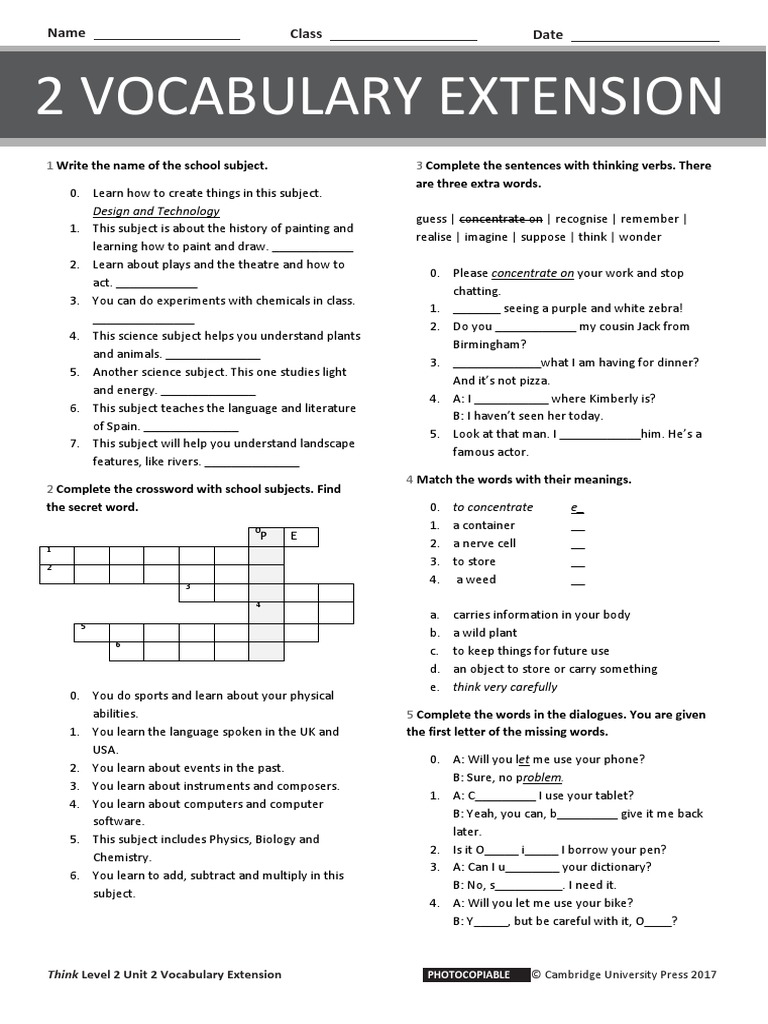 THINK L2 Unit 2 Vocabulary Extension PDF Linguistics Cognitive
