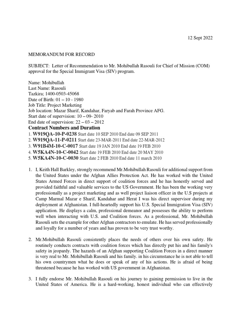 Letter of Recommendation Mohibullah Rasouli | PDF | Afghanistan ...