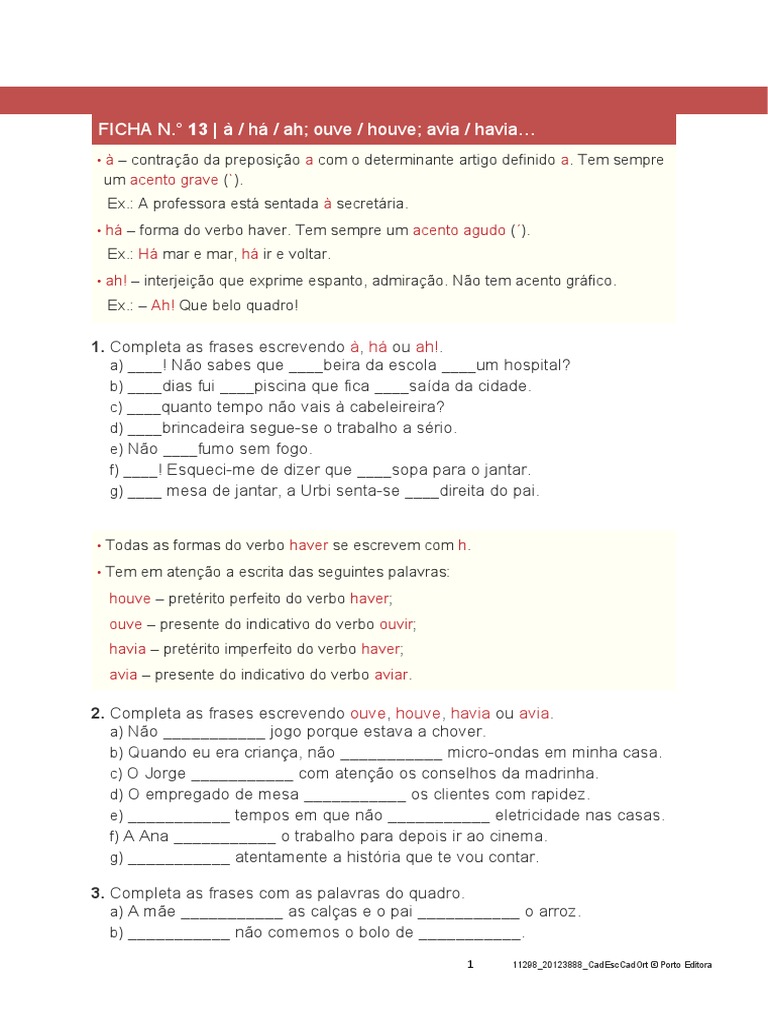 Ortografia - À, Há, Ah, Ouve, Houve, Avia, Havia | PDF