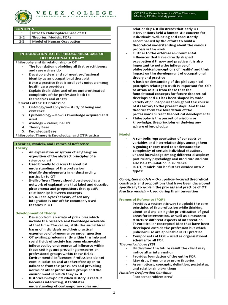 Ot201 Midterm Notes | PDF | Theory | Occupational Therapy