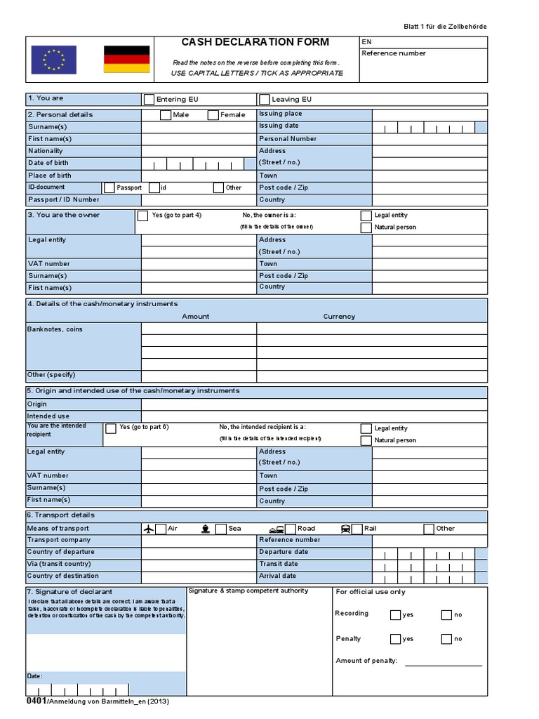 Cash Declaration Form Use Capital Letters / Tick As Appropriate PDF