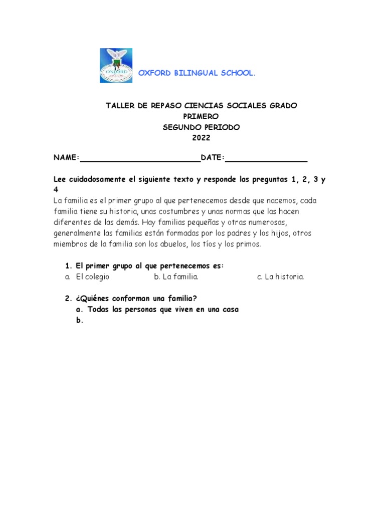 Taller de Repaso: Ciencias Sociales 1° Grado | PDF | Historia
