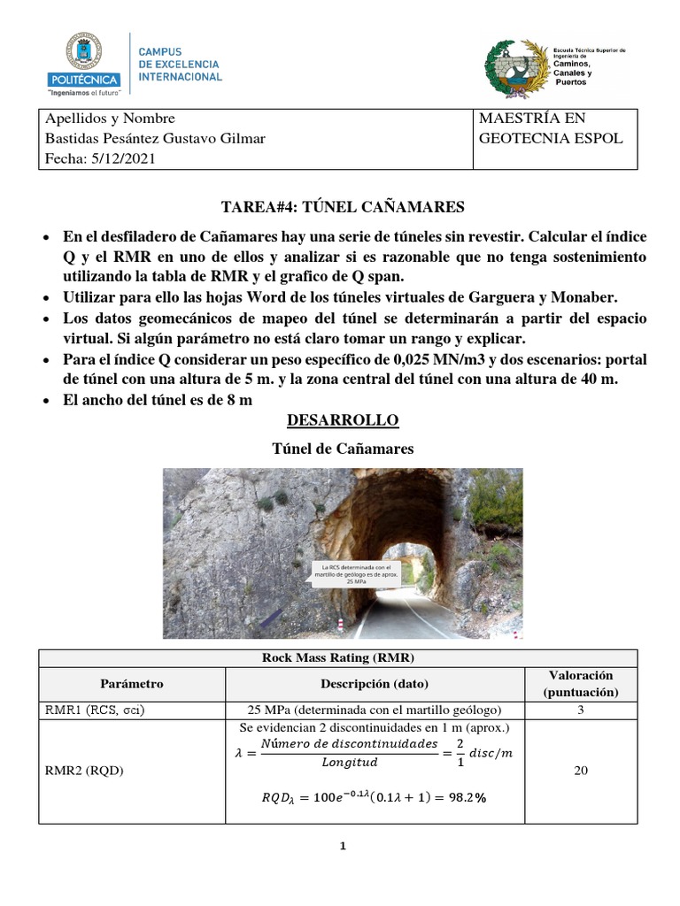 Análisis RMR y Q en Túnel Cañamares | PDF | Rocas | Geología