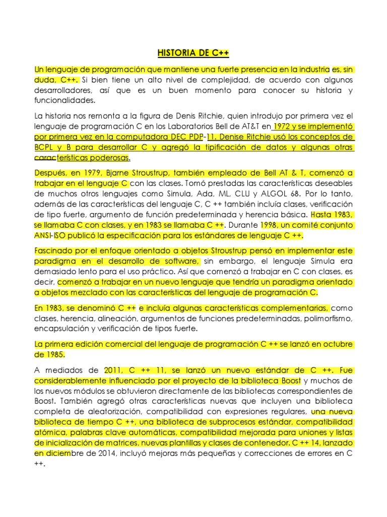 Historia de C++ | PDF | C ++ | C (lenguaje de programación)