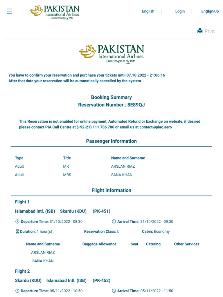 PIA Flight Reservation Summary | PDF