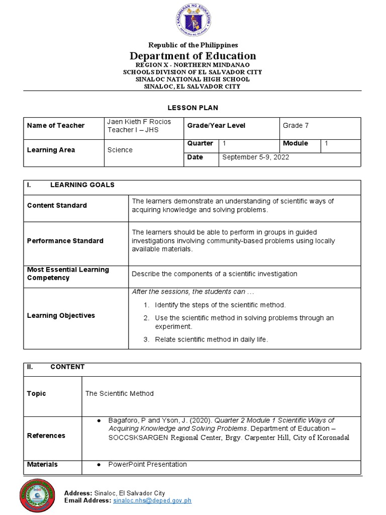 Grade 7 Science Lesson Plan: Scientific Method | PDF | Learning ...