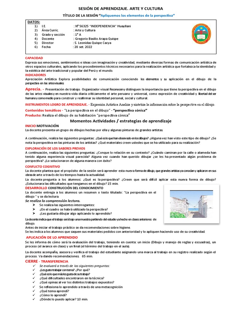 SESIÓN DE APRENDIZAJE Arte Cultura 1° A | PDF | Dibujo | Perspectiva ...