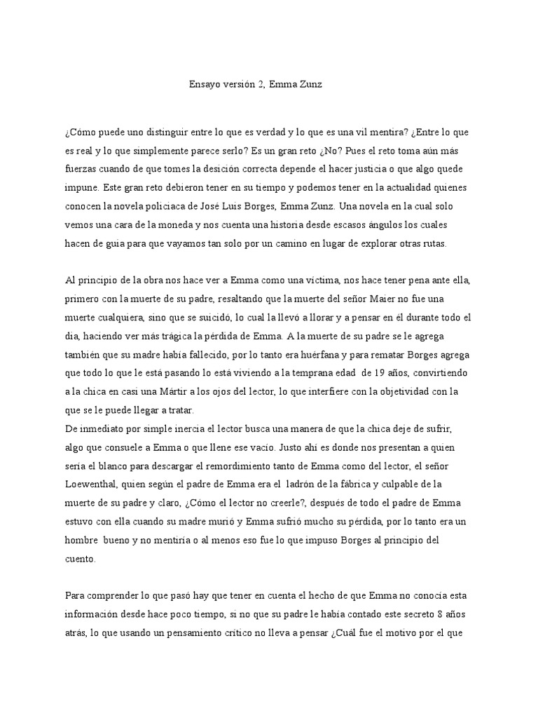Ensayo Versión 2, Emma Zunz PDF Pensamiento crítico Cuentos