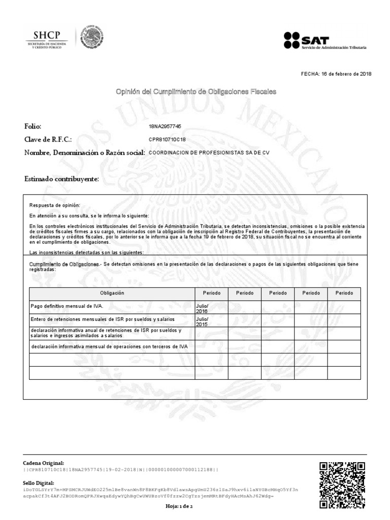 Opinion de Cumplimiento de Obligaciones Sat | PDF | Gobierno
