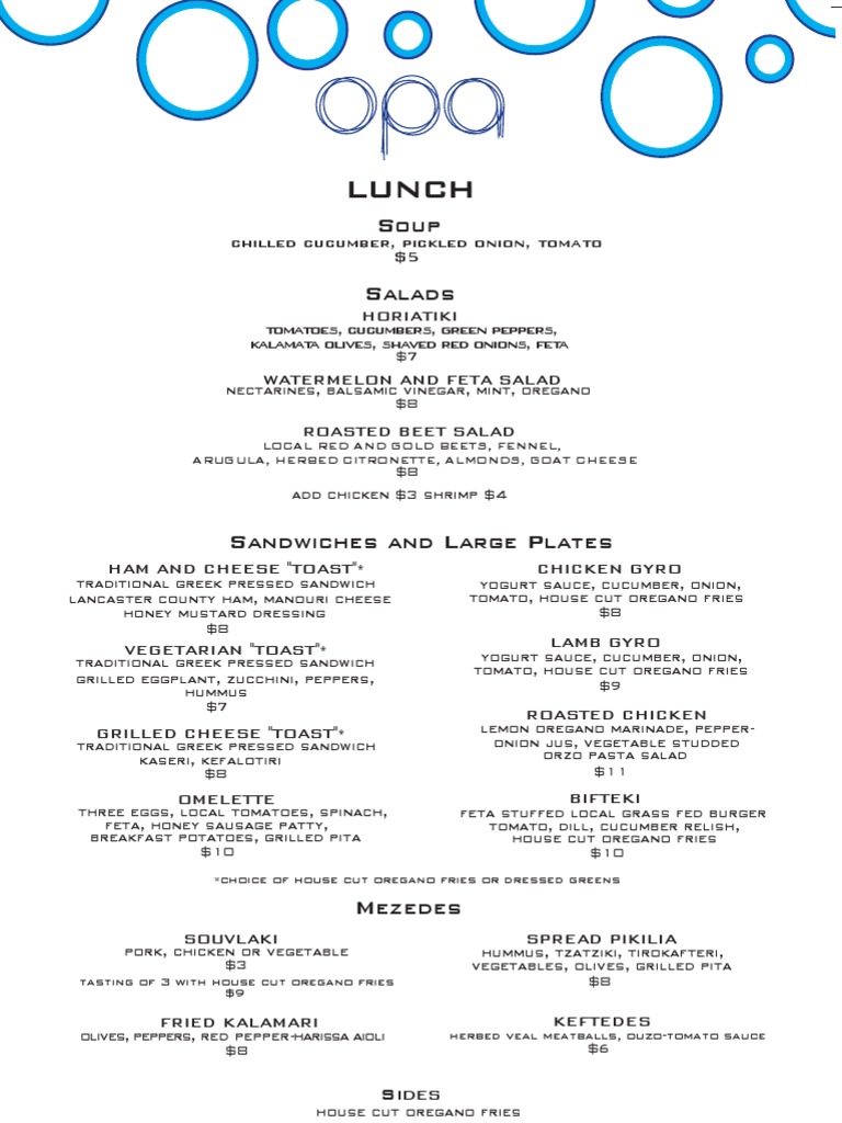 Opa Lunch Menu | PDF | Cooking, Food & Wine