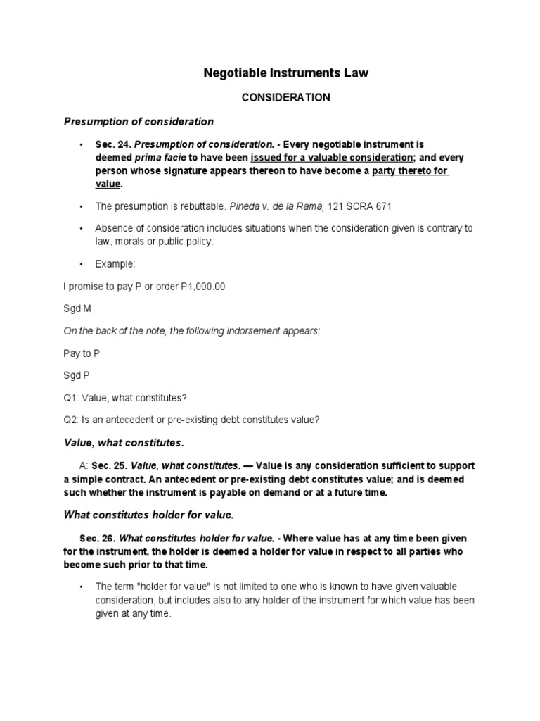 (Consideration) Negotiable Instruments Law | PDF | Assignment (Law ...