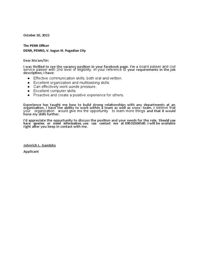 application letter of bfp