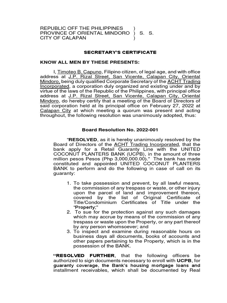 15 Certification of Board Resolution by Corporate Secretary | PDF | Law