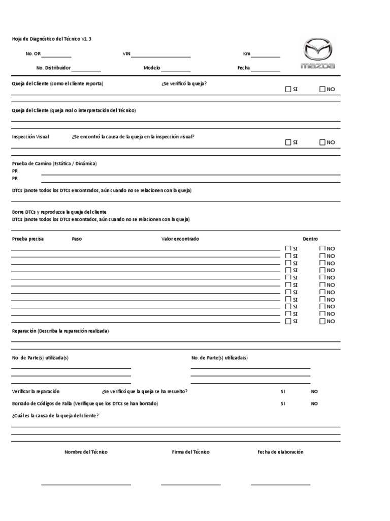 Hoja de Diagnóstico Técnico Automotriz | PDF