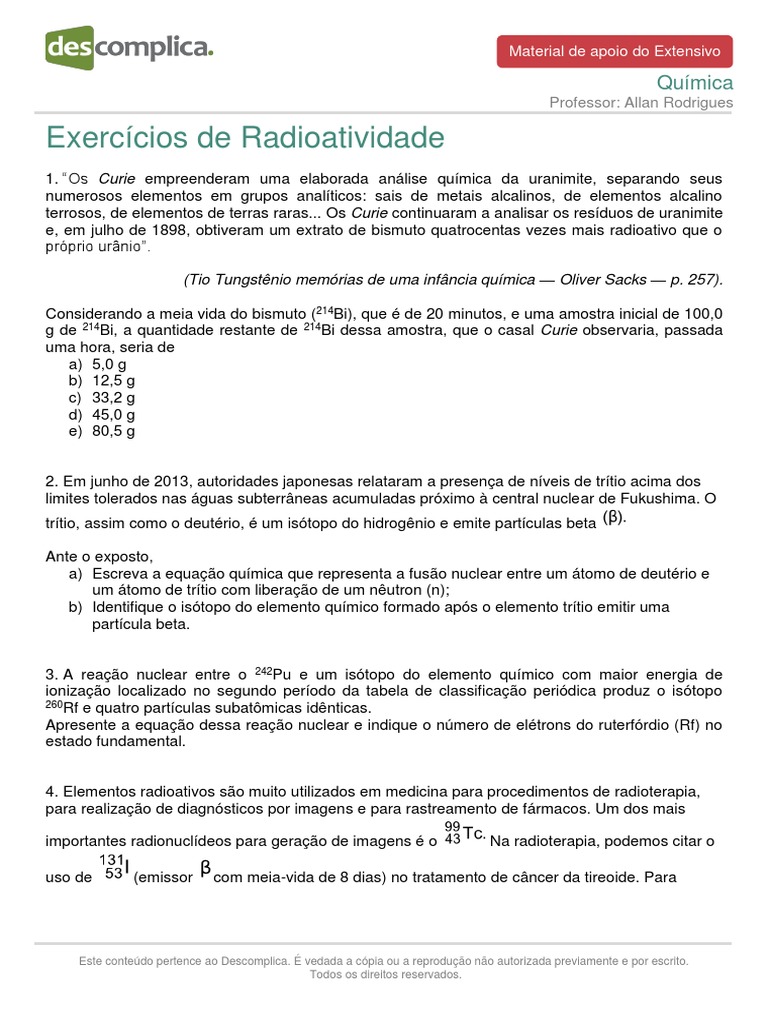 Exercícios sobre Radioatividade e Fusão Nuclear | PDF | Radioatividade ...