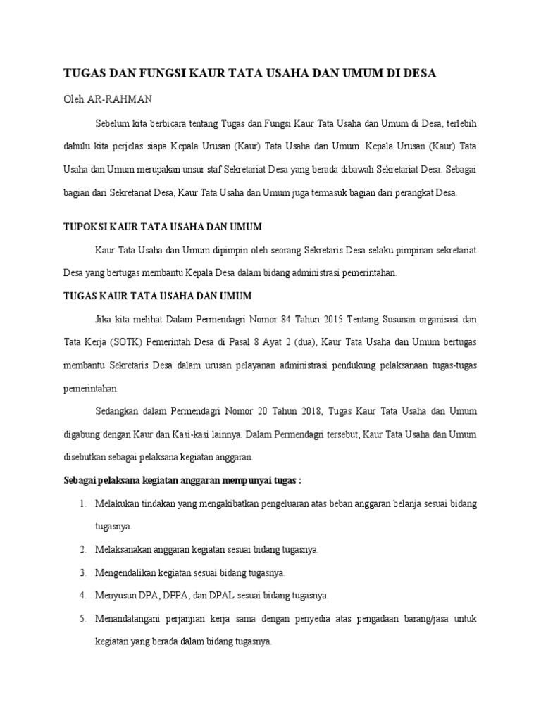 Tupoksi Kaur Tata Usaha Dan Umum Di Desa Pdf