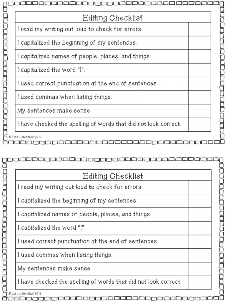 Personal Narrative Writing- Editing Checklist | PDF