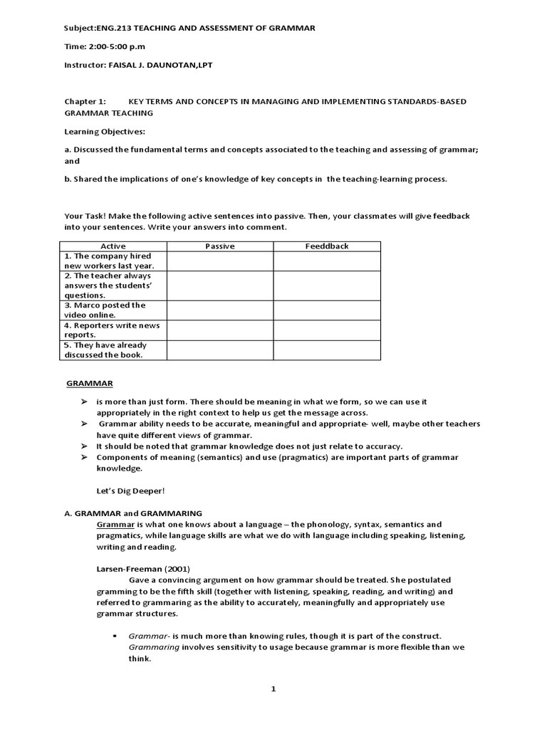 Chapter 1 - Teaching and Assessment of Grammar | PDF | Grammar | Human ...