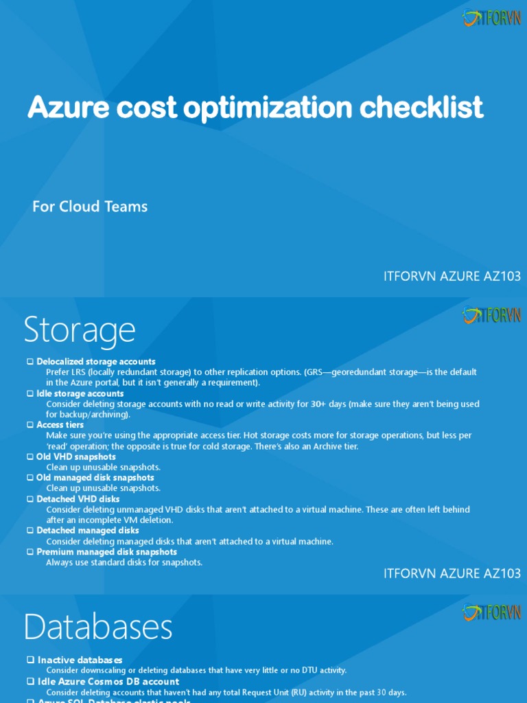 Azure Cost Optimization Checklist | PDF | Computer Data Storage | Databases