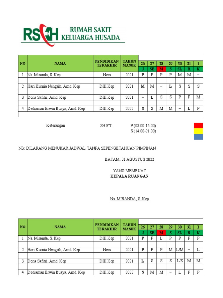 JADWAL DINAS PERAWAT UGD BULAN SEPTEMBER 2022 | PDF