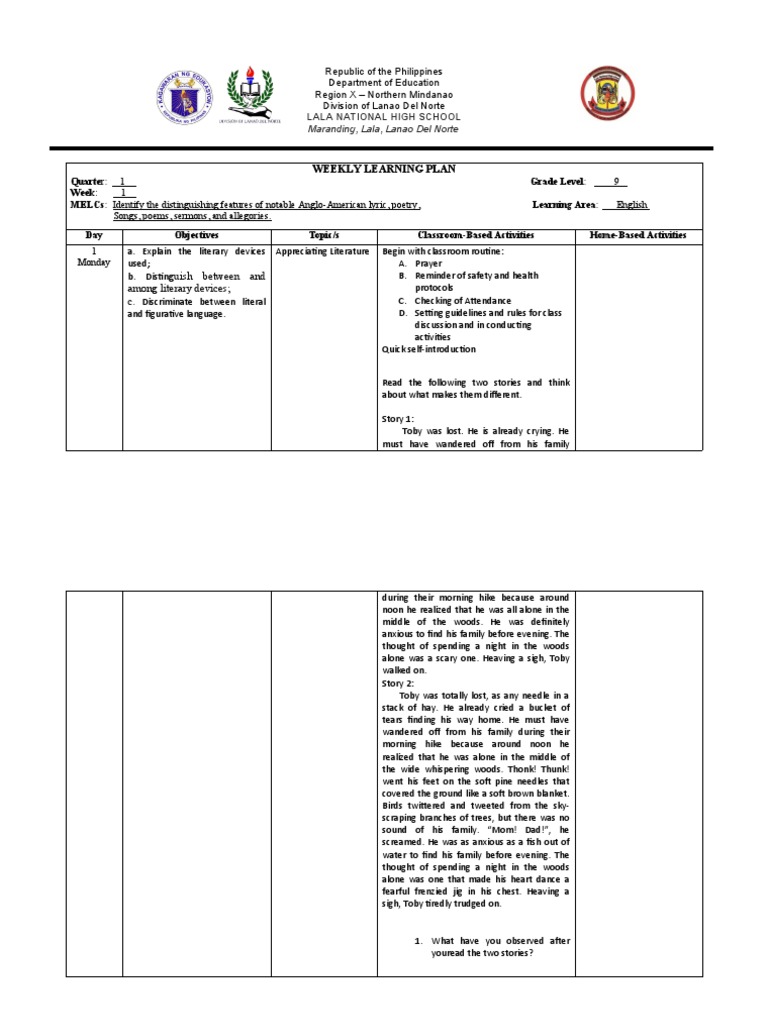 Engl9 WLP Week 1 | Download Free PDF | Stress (Linguistics) | Poetry