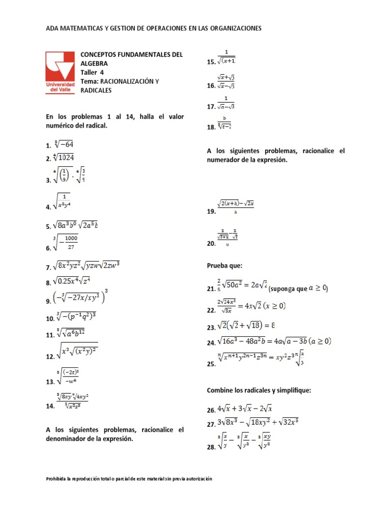 Taller 4 Racionalizacion Y Radicales Pdf Número Real Raíz Cuadrada