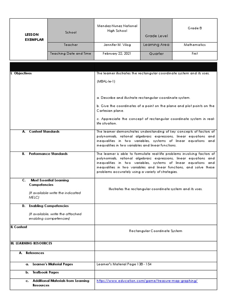 Grade 8 Math Lesson: Coordinate System | PDF