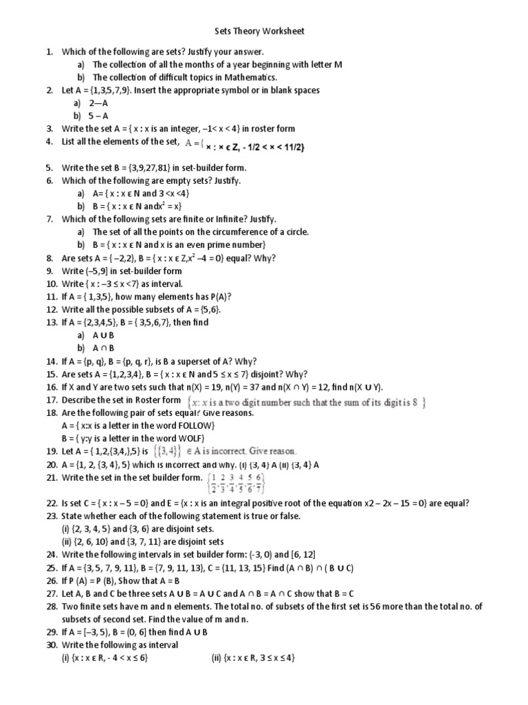 Sets theory worksheet pdf set mathematics mathematics