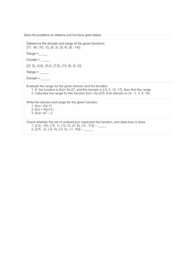 Relations and Functions Worksheet 11 | PDF