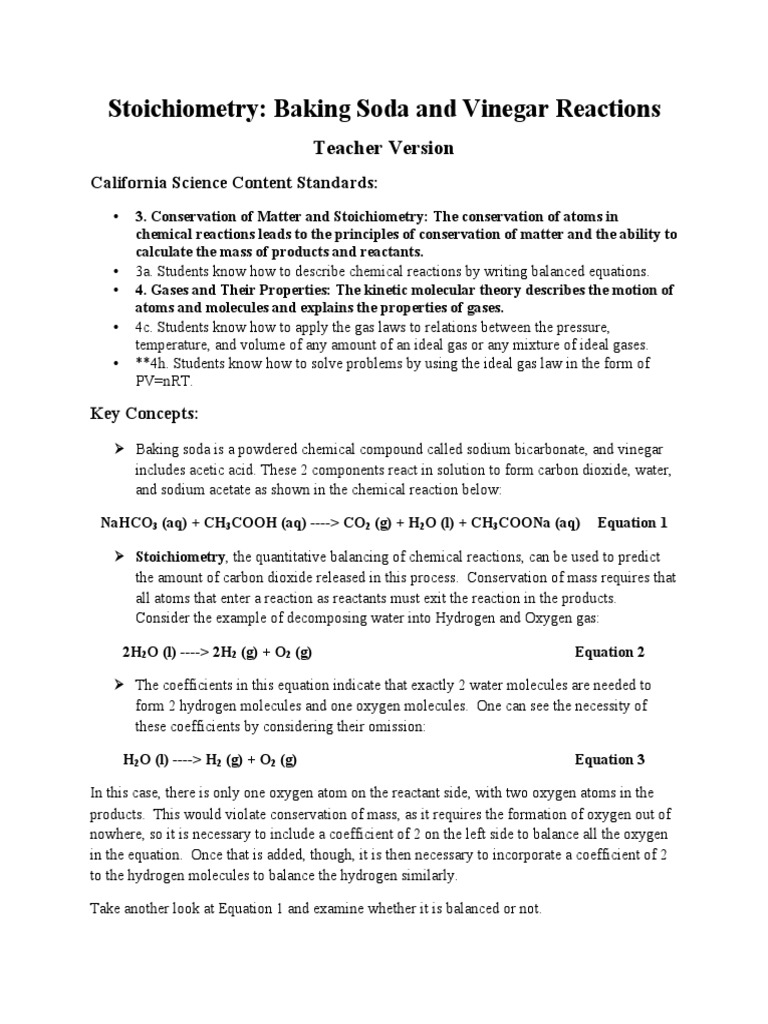 Stoichiometry Baking Soda and Vinegar Re PDF Stoichiometry Gases