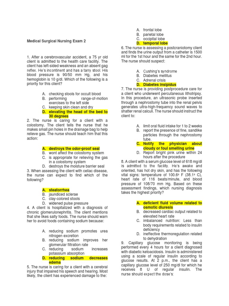 Medical Surgical Nursing Exam 2 PDF Burn Diabetes