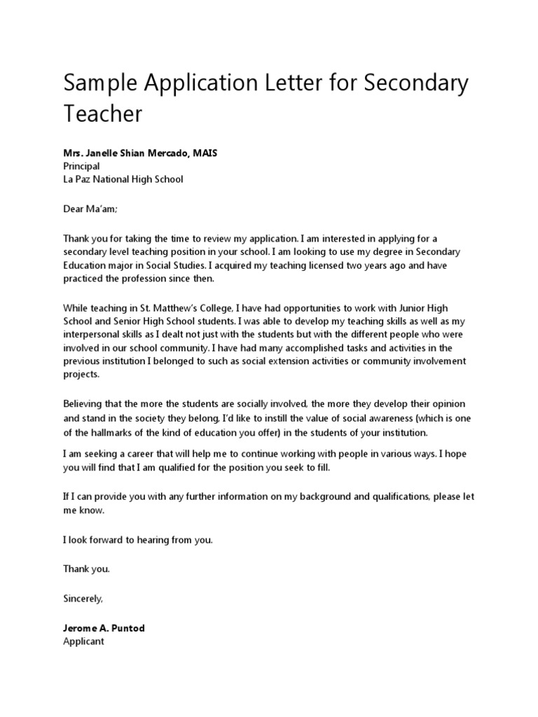 application letter for secondary teacher fresh graduate