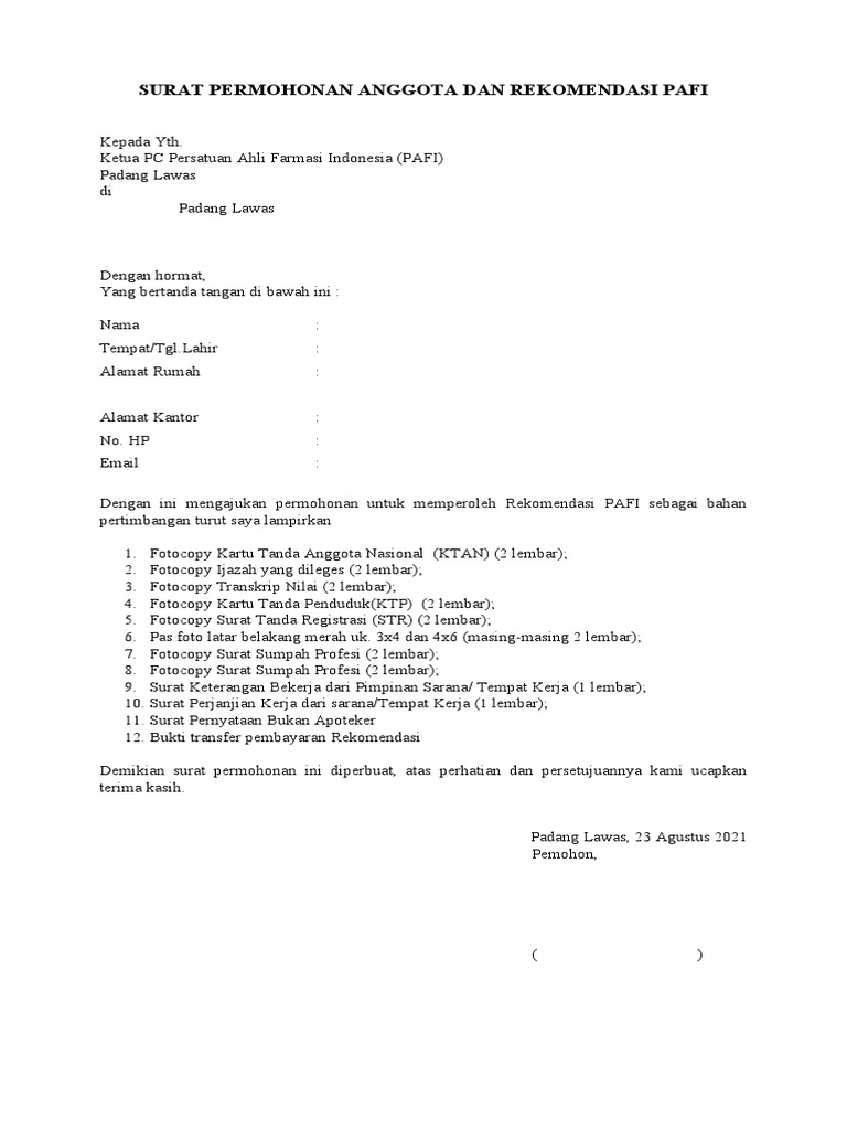 Surat Permohonan Anggota Dan Rekomendasi Pafi | PDF