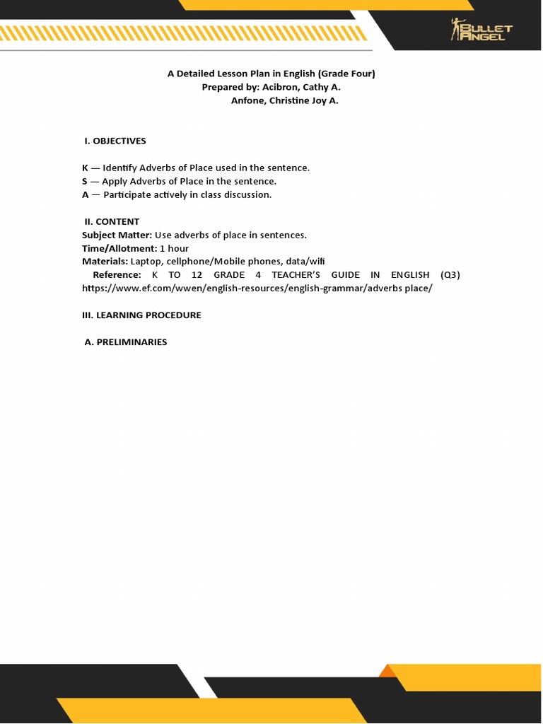 Grade 4 English Lesson on Adverbs of Place | PDF | Teachers | Lesson Plan